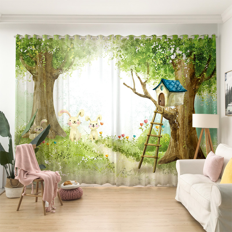 Top Selling Custom 3D Printing Cartoon Christmas window curtain With metal eyelets