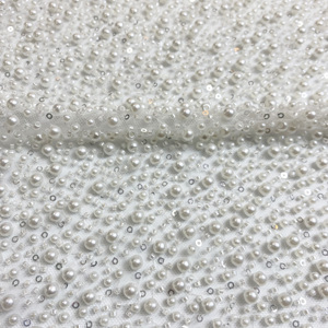 2024 mới hai loại ngọc trai đính cườm ren vải sequin lưới vải thêu ren vải cho đám cưới - Product Image 4