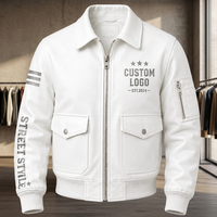 Blouson Bomber Homme en Cuir Véritable Blanc, Col Rabattu, Fermeture Éclair, Doublure Polaire Coupe-Vent, Style Urbain, Logo Avant, Automne