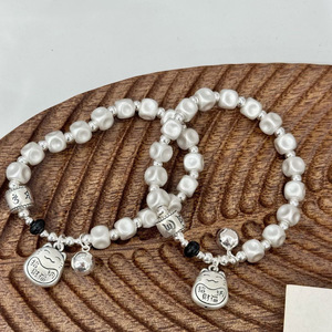 999 Pure <b>Silver</b> Lucky Cat Bracelet With Pearl <b>Beads</b> Unisex Gift Jewelry - Product Image 5