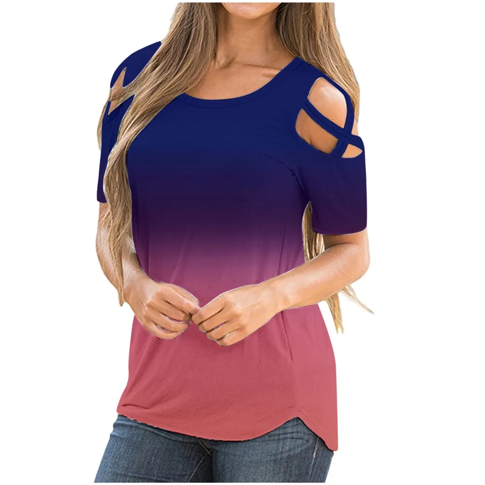여성 다채로운 T 셔츠 탑 여름 어깨 넥타이 염색 디자인 짧은 소매 캐주얼 탑스 여성