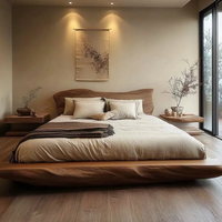 Lit de rangement Queen en bois massif pur, style Wabi-Sabi, structure à mortaise et tenon, idéal pour hôtels et maisons d'hôtes japonais