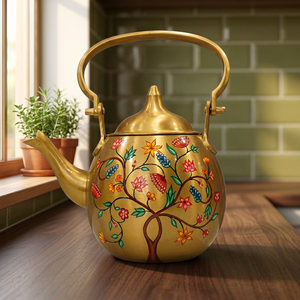 Théière en métal doré avec motif floral, style oriental, avec couvercle et poignée - Product Image 3