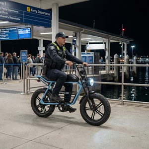 Vélo électrique tout-terrain avec phare LED et klaxon, idéal pour les espaces d'attente des trajets maritimes et les zones urbaines rétro. - Product Image 4