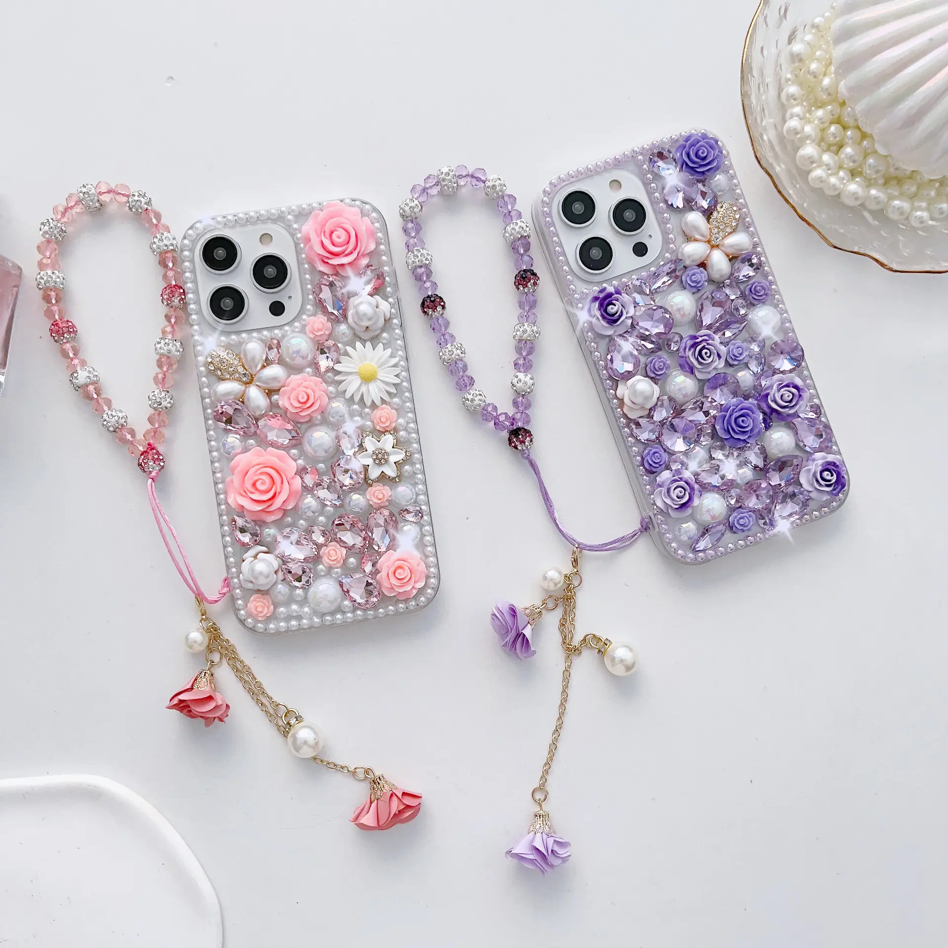 Luxury Women Girls Bling Glitter Flower Bead Wrist Strap Bracelet Phone Case For iphone 15 pro max Diamond Rhinestone Back Cover