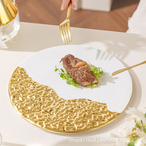 Assiette en céramique blanche à bord doré, motif rocheux, pour restaurant, hôtel, dîner élégant, steak, pâtes, salade - Product Image 4