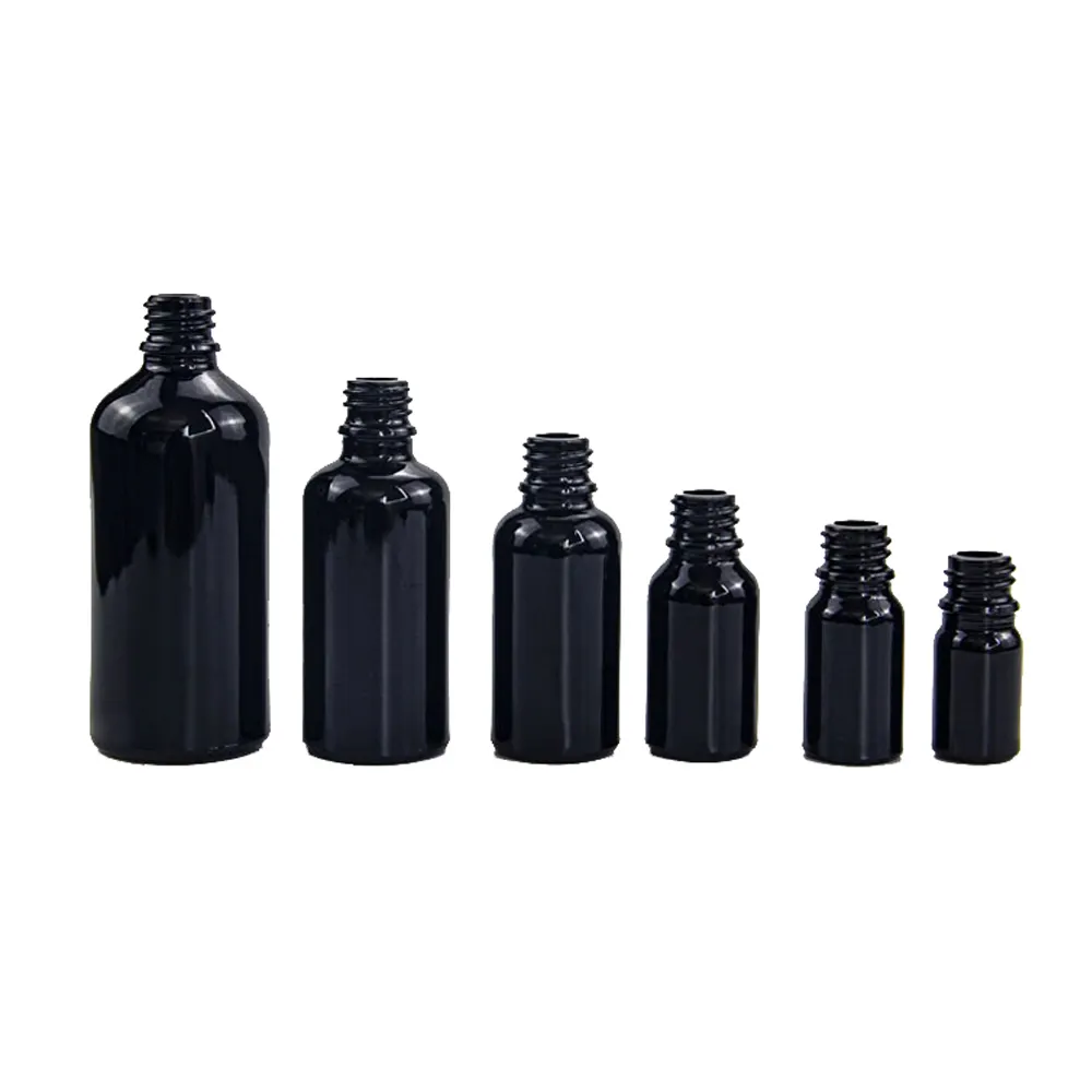 Garrafa conta-gotas de bomba de spray de alta qualidade 5ml 10ml 30ml 50ml 100ml garrafa de vidro preta de sombreamento redondo usada para óleos essenciais