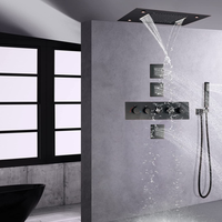 Système de robinetterie de douche thermostatique en bronze huilé avec pommeau de douche cascade LED 14 x 20 pouces et mitigeur de salle de bain