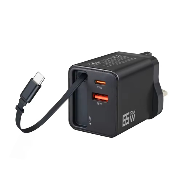 USB-C 65W GaN Retractable Wall Charger with 2 Ports PD Fast Charging OTP Protection Black