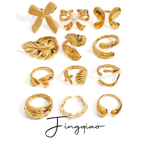 Yueli Fashion <b>Rings</b> <b>Set</b> <b>Gold</b> Tone Bowknot Leaf Geometric Design Unisex Jewelry Gift - Product Image 1