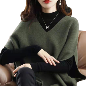Pull sans manches en maille côtelée pour femme, col en V, manches chauve-souris, coupe ample, en mélange polyester-coton, idéal pour le printemps - Product Image 1