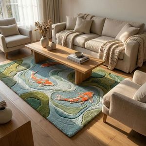 Moss Blue <b>Fish</b> <b>Pond</b> Area Carpet Crafted from Wool with Orange Koi and Textured Hand Tufting for Living Room Bedroom Nursery Kids - Product Image 5