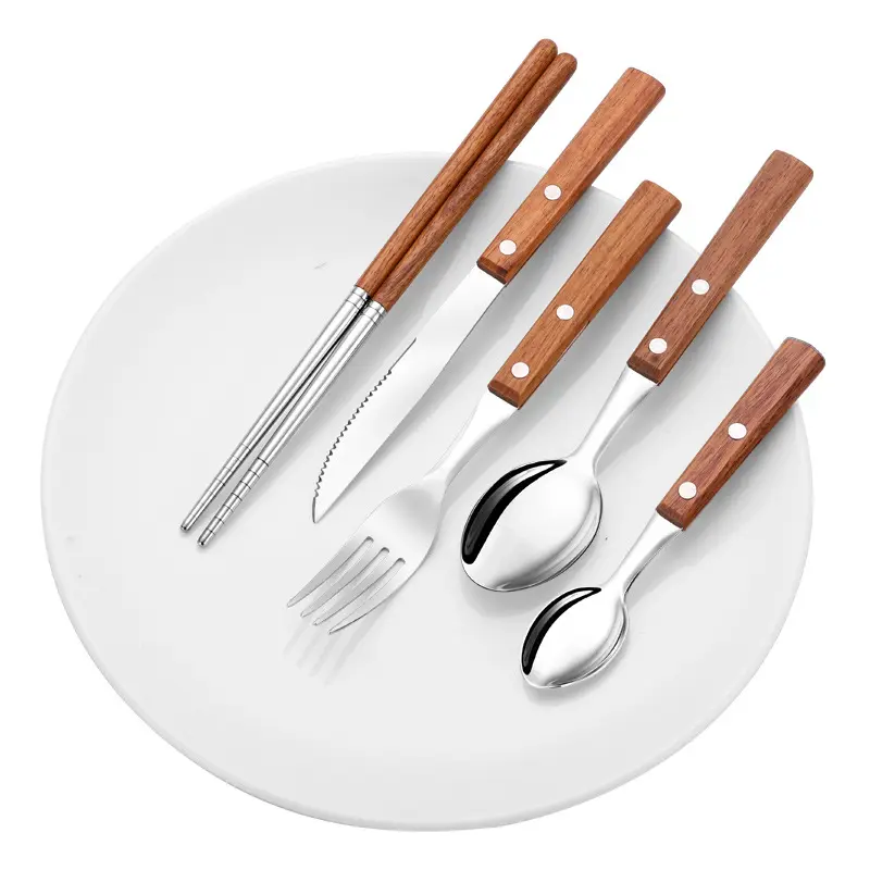 5pcs/set wooden handle Steak western stainless steel knife and fork spoon tableware set