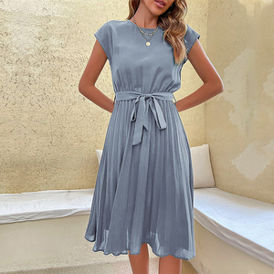 Abiti Casual Eleganti per Donne Direttamente dalla Fabbrica, <span class=keywords><strong>Vestito</strong></span> Estivo a Maniche Corte con Cintura e Pieghe, Abito <span class=keywords><strong>Midi</strong></span> per Ufficio e Lavoro - Product Image 4
