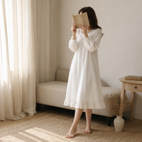 Hidehanky Kerah Renda Vintage Putih Lengan 3/4 Ruffle Midi Chiffon Ramah Lingkungan Bernapas Berlapis Rayon Pakaian Rumah Desain Khusus