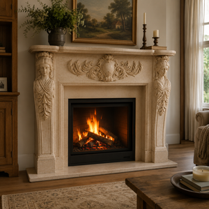 Cheminée en marbre personnalisée, moderne, sculptée à la main, luxueuse, classique, beige crème, avec manteau de cheminée en marbre et cadre de cheminée en marbre - Product Image 6