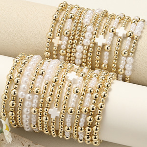 <span class=keywords><strong>Bracelet</strong></span> élastique à breloques en forme de croix en imitation perle, plaqué or, avec perles en <span class=keywords><strong>plastique</strong></span>, pour femmes, lot de bijoux, vente chaude, 10 pièces - Product Image 1