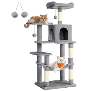 Feandrea Multi-Level Plush Cat Condo avec 4 Poteaux à gratter 143 cm Cat Tower Activity Centre Escalade Cat Tree
