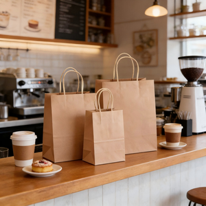Sacs en papier kraft recyclables <span class=keywords><strong>de</strong></span> luxe modernes personnalisés avec poignées torsadées, logo UV/gaufré, impression numérique/offset pour produits laitiers et alimentaires - Product Image 1