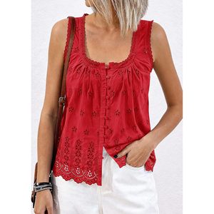 Womens Tank Tops <b>Red</b> Embroidered Eyelet Button Down Summer Casual <b>Blouse</b> Breathable Cotton Top Beach Vacation Clothes - Product Image 6