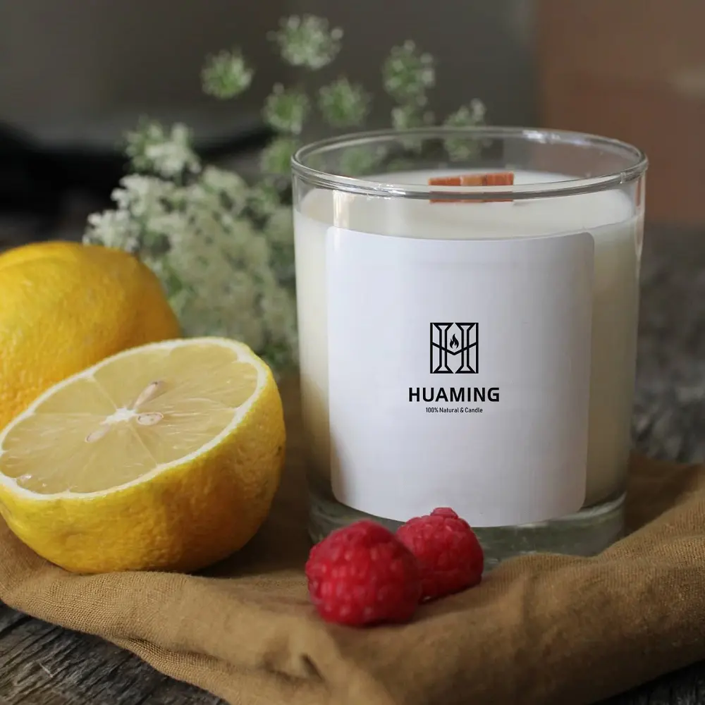 Huaming-Vela de aromaterapia de cera de limón personalizada, cajas de papel de frasco de vidrio de lujo, mecha perfumada de madera, caja de regalo con logotipo