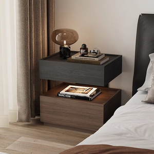 Italian <strong>Minimalist</strong> Wooden <strong>Bedside</strong> <strong>Table</strong>, 2 Drawer Bedroom Nightstand with LED Ambient Light &amp; Anti-slip Tabletop - Product Image 4