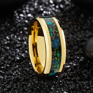 Poya cincin pernikahan batu Tungsten emas, perhiasan harga rendah Opal hijau biru