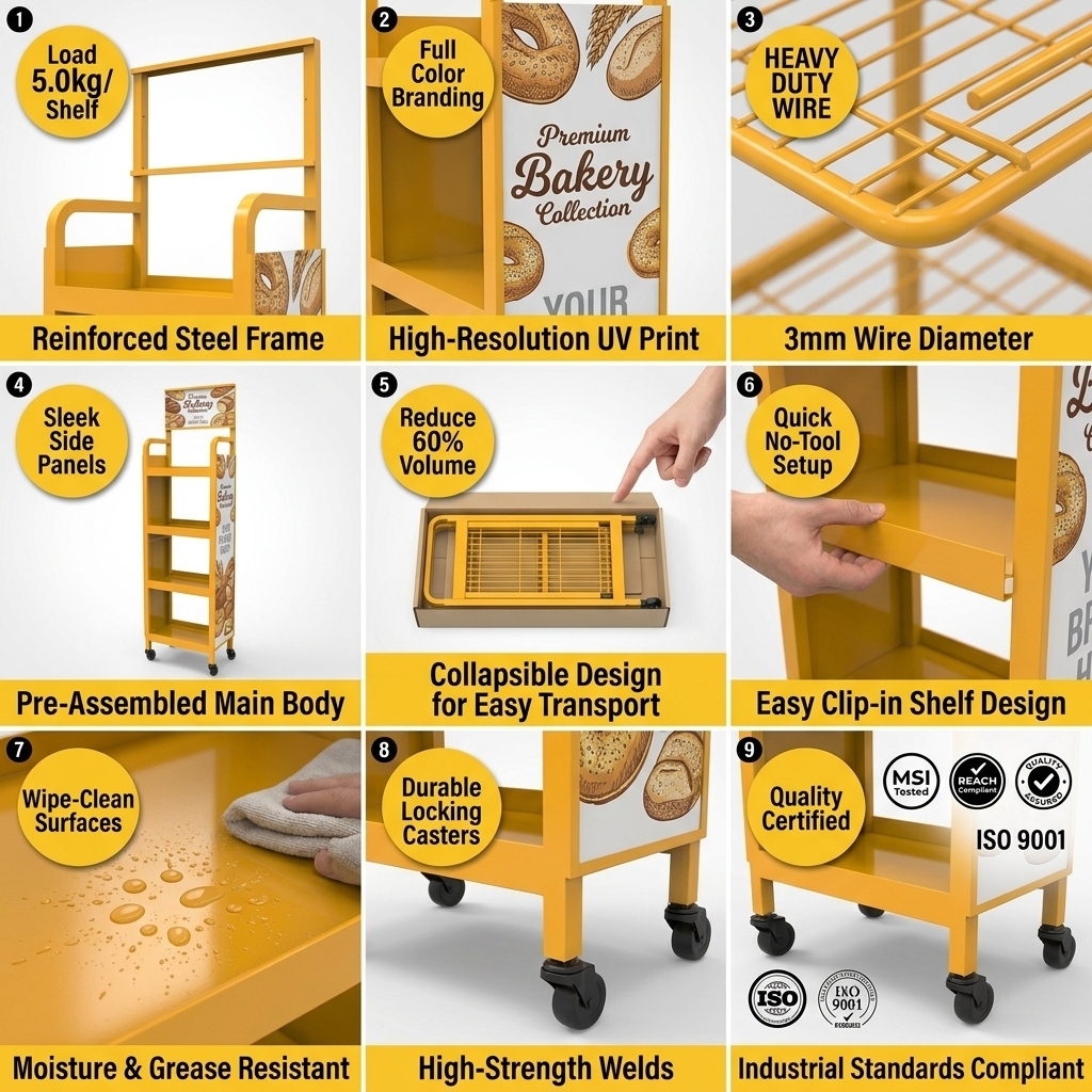 Wholesale Custom Mobile Metal Bakery Bread Display Rack Floor Standing Donut Pastry Retail Shop Shelf with Wheels Logo Stand OEM — view 5