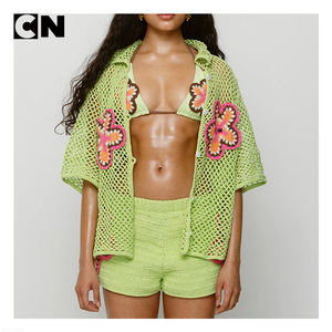 BSCI Certification Sweater Manufacturer Custom logo <b>Women</b> Vintage Cotton <b>Short</b> <b>Sleeve</b> Summer Knit <b>Cardigan</b> Sweater Crochet Shirt - Product Image 4