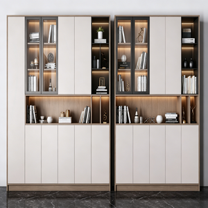 BALOM Luxury <strong>Cream</strong> Style Fluted Panel <strong>Bookcase</strong> With Tempered Glass Door LED Lighting Bedroom Storage Display Unit - Product Image 4