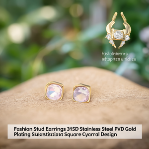 Fashion <b>Stud</b> <b>Earrings</b> 316L Stainless Steel PVD Gold Plating Sustainable Resistant Square <b>Crystal</b> Design - Product Image 3