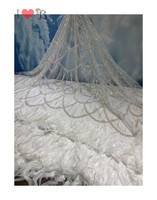 Tissu de dentelle perlée de paillettes de cristal de conception de pétoncle avec le fond emplumé pour la robe de haute couture de mode
