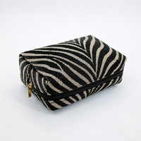 Sac de maquillage personnalisé en gros avec logo imprimé zèbre, pochette cosmétique en textile tissé noir et beige pour femme, voyage, luxe