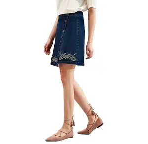 Embroidered Floral Asymmetrical High-waist Empire-waist Jeans Skirt Women's Jeans Denim Skirt Dresses