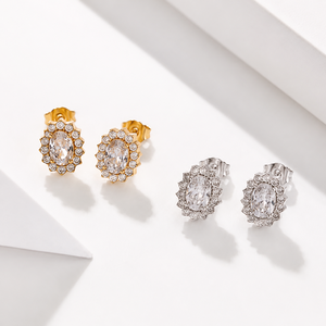 Boucles d'oreilles ovales Halo, en acier inoxydable et zircon avec placage sous vide or 14 carats, options de couleur or et argent - Product Image 1