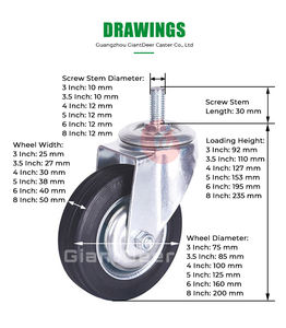 3Inch 3.5Inch 4Inch 5Inch <strong>6Inch</strong> 8Inch European Style <strong>Swivel</strong> Threaded Stem Industrial Rubber <strong>Caster</strong> <strong>Wheel</strong> - Product Image 2