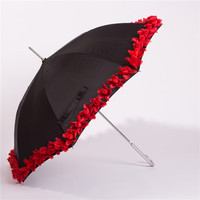 Parapluie droit noir de 23 pouces avec poignée décorée de fleurs, en polyester, style américain, pour jardin, fête et défilé de mode