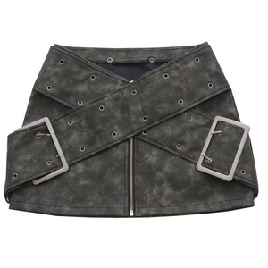 Falda de PU de Cintura Alta con Diseño de Cinturón Cruzado con Cuentas, Estilo Europeo Americano, Estilo Otoñal, Nueva, Entallada y con Personalidad - Product Image 1