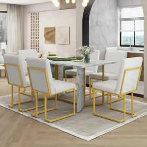 Free Shipping Dining Table Set Sticker Tabletop And 6 Upholstered Linen Chair Artificial Marble 7-piece Modern Home Furniture