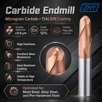 Fraise à queue sphérique ZHY CNC à 2 dents en carbure monobloc HRC45 HRC55 HRC60 avec revêtement TIALSIN pour l'usinage de l'acier de moule