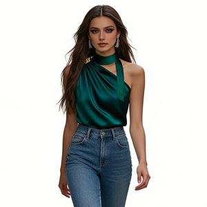 Women's Halter Neck Asymmetric <b>Top</b> Draped Sleeveless Blouse With Metal Buckle Shirt Fashion - Product Image 1