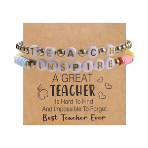 Il giorno dell'insegnante regalo di perle di argilla polimerica insegnano lettere elastico braccialetto di perline braccialetto di perline con carta - Product Image 6