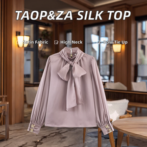 TAOP&ZA Nouvelle Collection Hiver 2025 – Blouse Vintage en Soie Satinée à Boutons, Respirante, Simple, avec Nœud Papillon et Col Montant à Manches Longues - Product Image 2