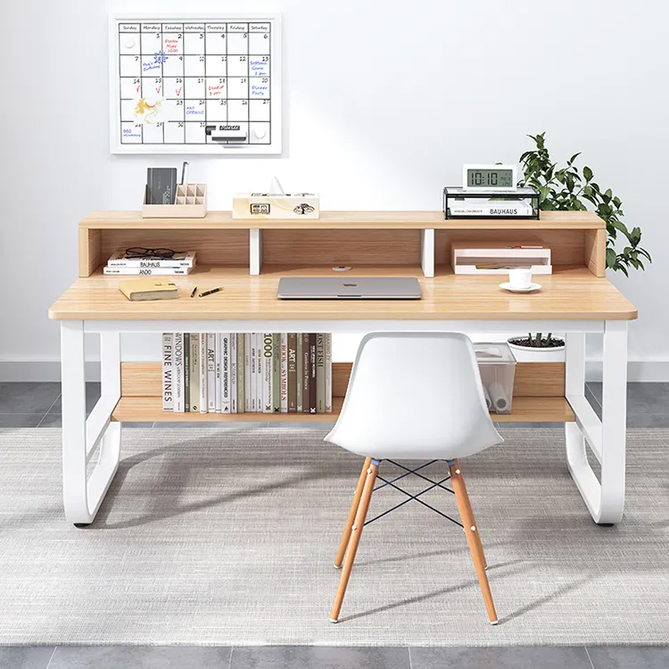 Mesa de estudo minimalista moderna, mesa de desktop para casa, quarto, perna u com placa de armazenamento com estante