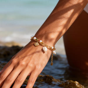 Ocean Theme Stainless Steel <b>Bracelet</b> With Natural Seashells Heart Beads Double Layered Gold Plated Jewelry For Summer Beach Wear - Product Image 1