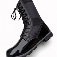 Bottes tactiques noires en cuir de vachette avec embout et talon renforcés, semelle en PVC, cuir miroir, imperméables pour l'extérieur