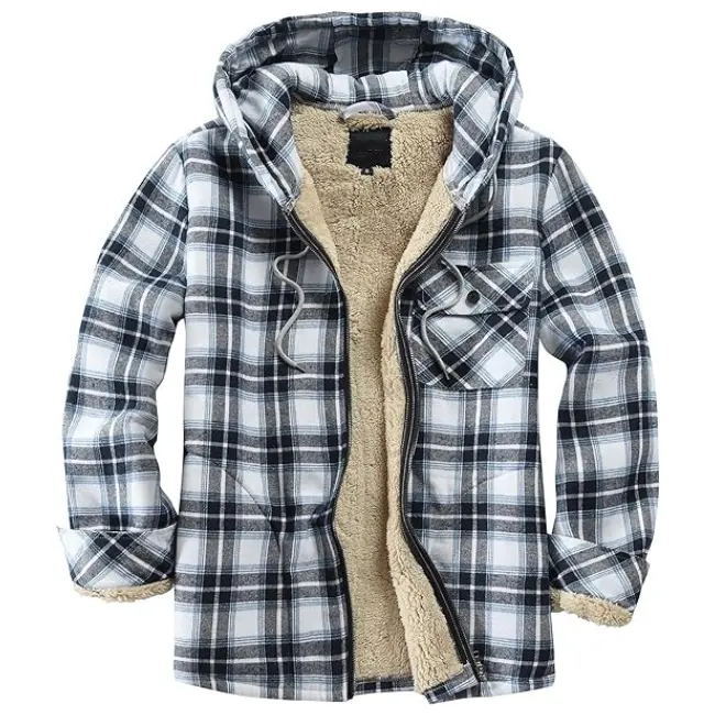 Wholesale Fleece Lined Flannel Shirts Sherpa Full Zip Jackets Plaid Cotton Soft Warm Coat with Hood Men's Shirts Jacket