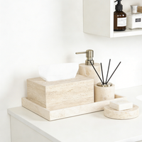 Ensemble d'accessoires de salle de bain en travertin, 5 pièces : distributeur de savon, plateau de toilette, diffuseur d'arômes, boîte à mouchoirs (beige)