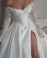 Robe de Mariée Ruolai WTH017 Exquise en Satin Col Cœur, Séance Photo Scintillante, Manches en Dentelle, Traîne de Mariée avec Fente Haute