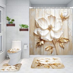 Ensemble <span class=keywords><strong>de</strong></span> rideaux <span class=keywords><strong>de</strong></span> <span class=keywords><strong>douche</strong></span> floraux élégants, design abstrait minimaliste moderne, <span class=keywords><strong>blanc</strong></span> <span class=keywords><strong>et</strong></span> <span class=keywords><strong>or</strong></span>, polyester, 4 pièces, imperméables, avec anneaux, pour salle <span class=keywords><strong>de</strong></span> bain - Product Image 1